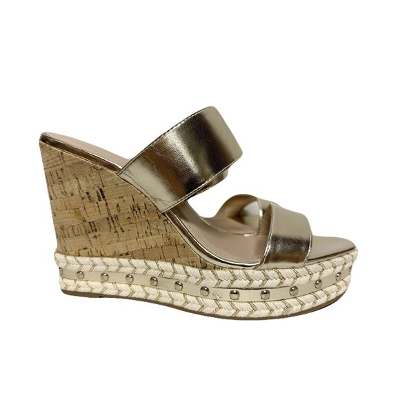 NEW BCBGeneration Nexti Cork Wedge Sandal Womens Size 10 Platino Gold Vegan Lthr - Picture 7 of 10